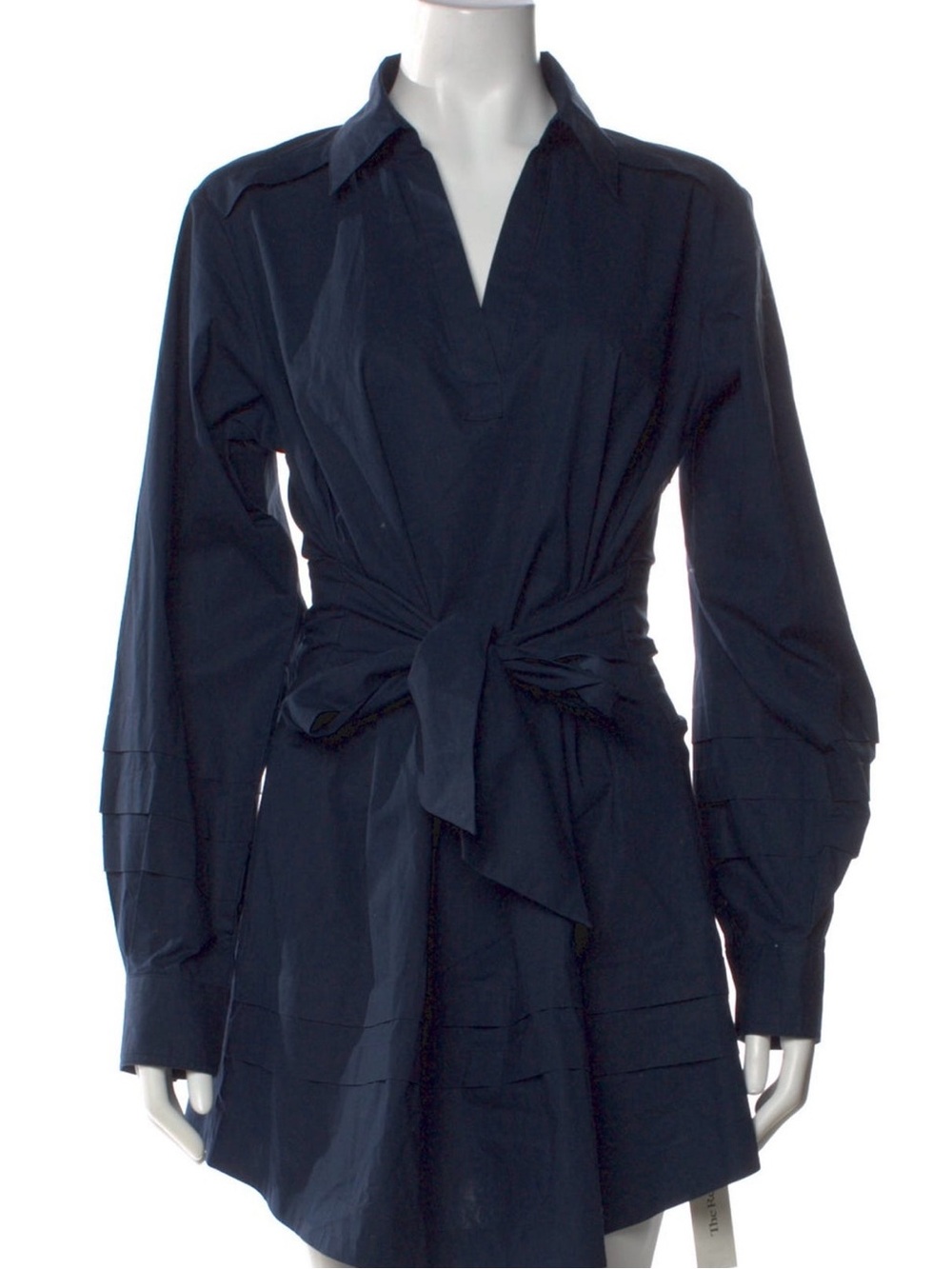 SIMKHAI Navy Cotton Poplin Pleated Tie-Waist Mini Shirt Dress - Size S